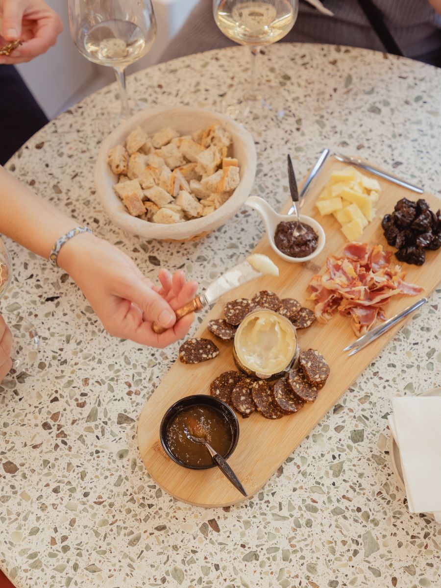 A cheese and meat board.