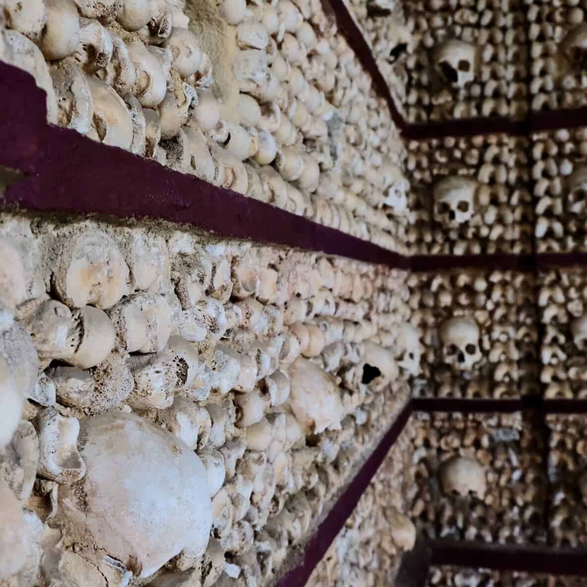 Close-up view of the intricately arranged skulls and bones in the Chapel of Bones, Faro, highlighting a unique and historical site for solo travelers exploring Portugal.