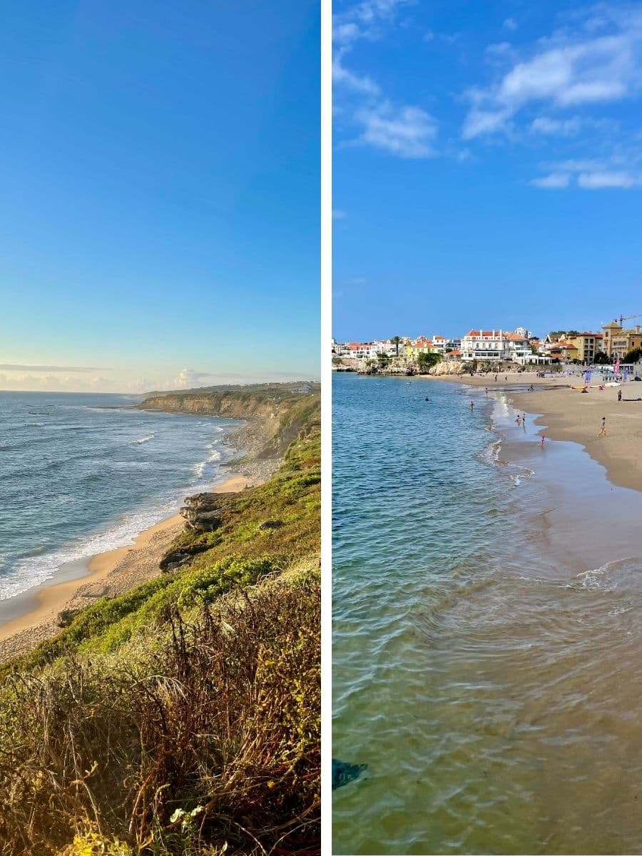 A split image of two coastal scenes in Portugal: on the left, the rugged cliffs and sandy beach of Ericeira; on the right, the lively beach and town of Cascais.