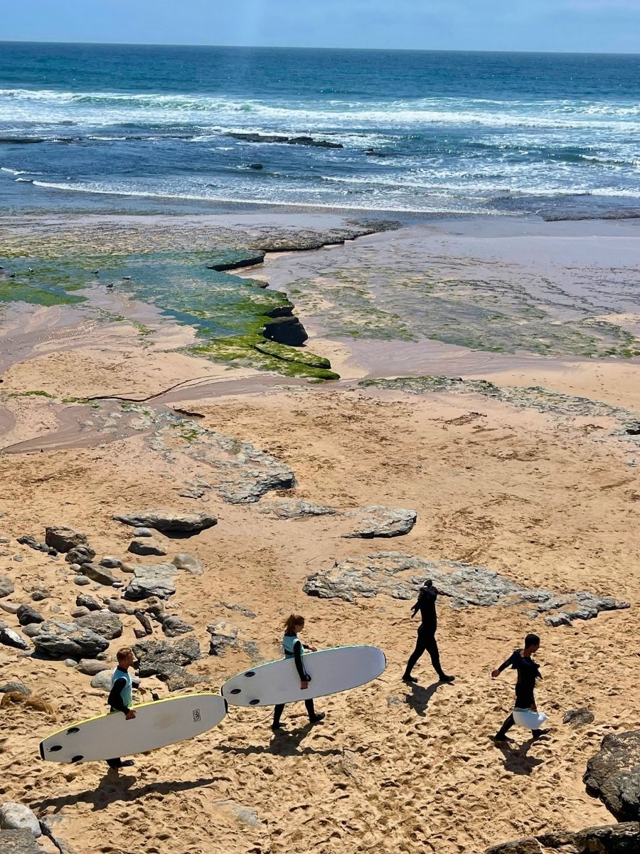 A sandy beach in Ericeira, Portugal, with gentle waves rolling onto the shore. Three surfers in wetsuits walk along the sand carrying white surfboards, while another person in black surf gear strides ahead. The beach is dotted with rocks, and green seaweed covers parts of the shoreline. The ocean stretches to the horizon under a bright blue sky.