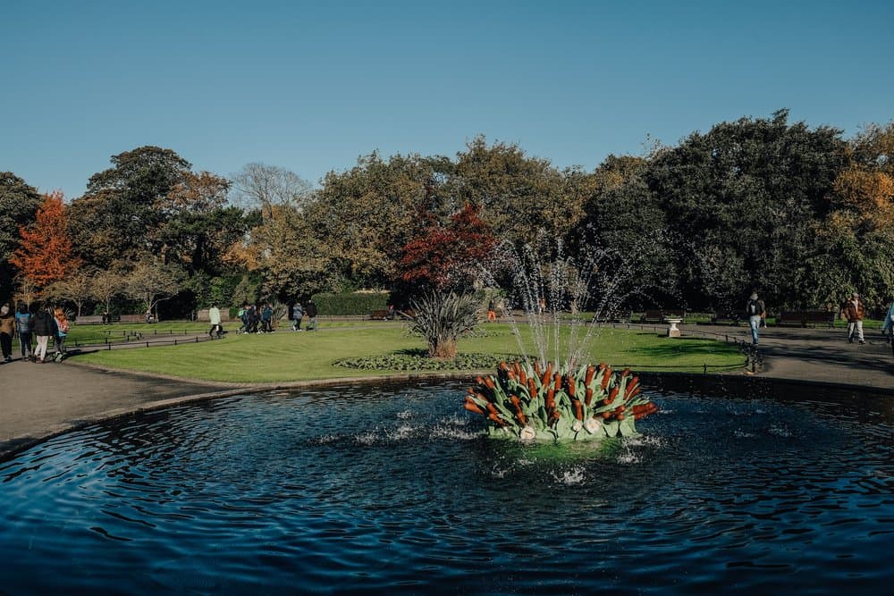 Serene scene of St. Stephen's Green in Dublin, with visitors strolling and enjoying the colorful autumn foliage, a fountain adorned with vibrant flowers, and the reflection on the tranquil pond water.