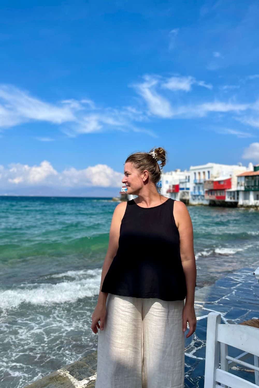 A woman solo in little venice Mykonos