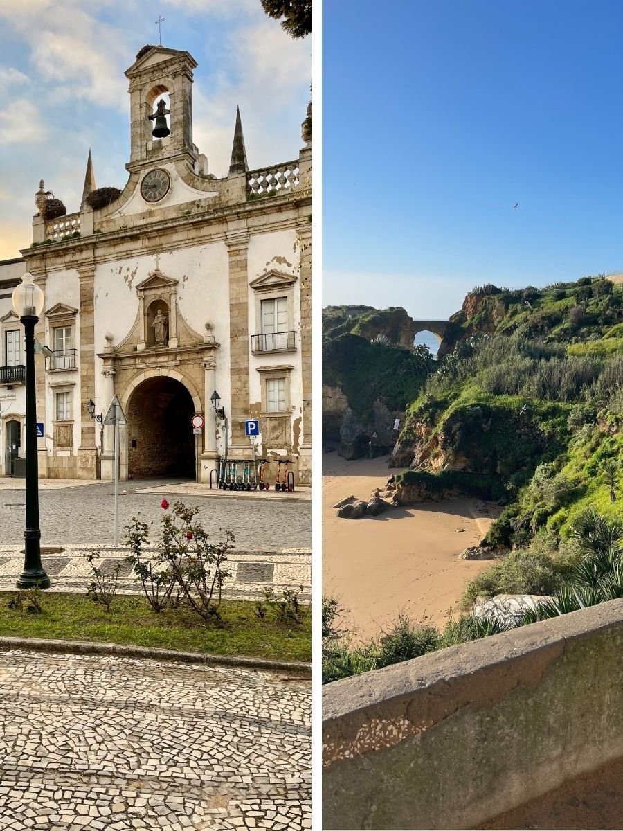 Split image showing two scenes in southern Portugal. On the left, the Arco da Vila in Faro—a grand, historic stone archway with a bell tower and statue above, set against a soft sunset sky. On the right, a view of a golden sandy beach surrounded by lush green cliffs and rock formations in Lagos, with a natural arch visible in the distance under a clear blue sky.