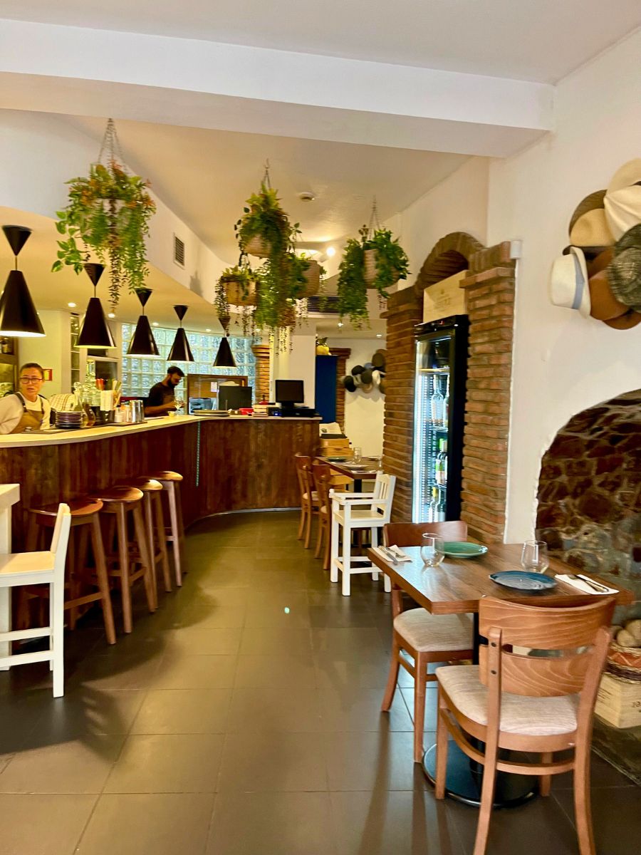 Interior of Taberna do Mó in Lagos, Portugal, featuring rustic decor, a curved wooden bar, and hanging plants