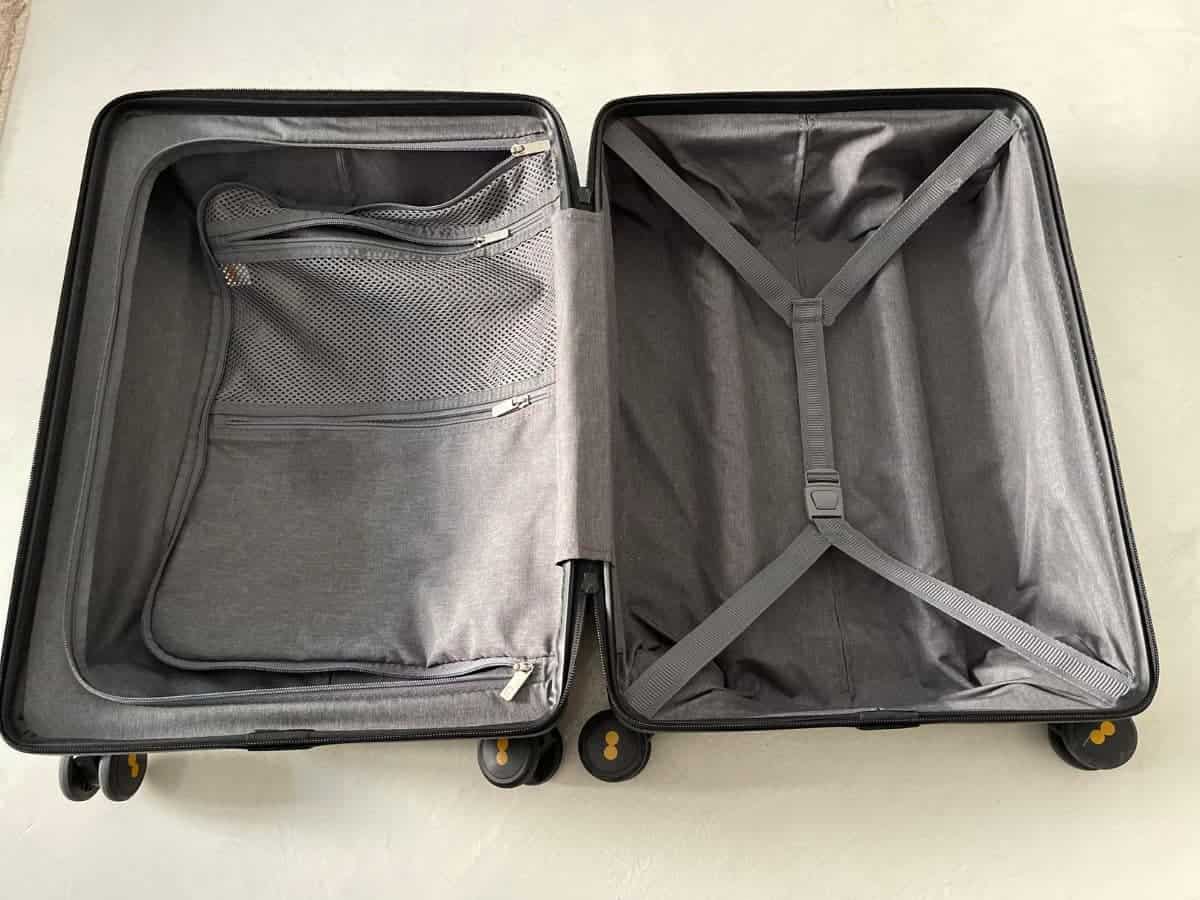 The inside of an empty suitcase for a Level8 Luggage review
