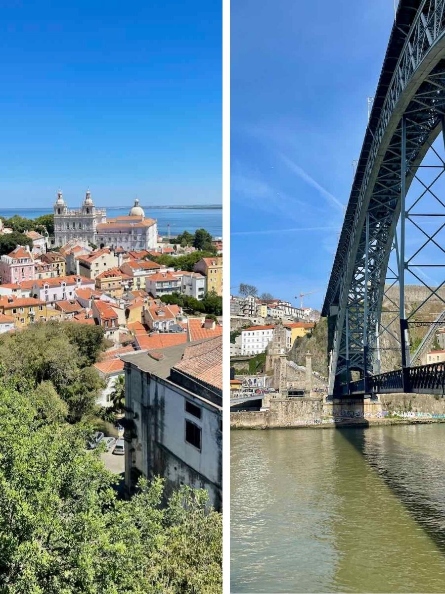 A split image contrasting Lisbon and Porto. On the left, Lisbon's bright rooftops and the National Pantheon overlooking the Tagus River under a clear blue sky. On the right, Porto’s iconic Dom Luís I Bridge stretching across the Douro River, showcasing the city's historic charm.