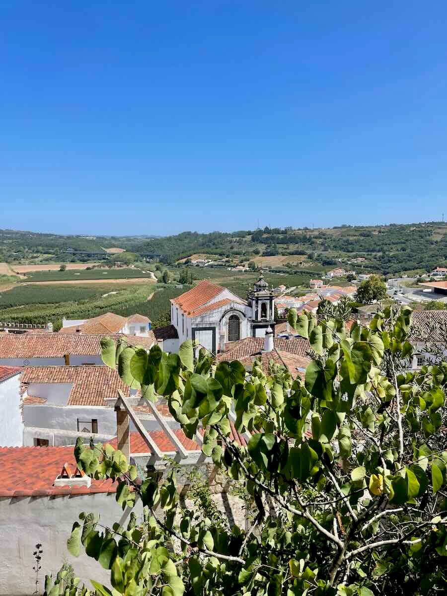 A scenic view of the countryside in Óbidos, Portugal, with the town’s red-roofed buildings nestled among lush greenery. In the foreground, vibrant green foliage frames the scene, while in the distance, rolling hills and fields stretch out under a clear blue sky. The tranquil, rural setting highlights the charm of this historic village.