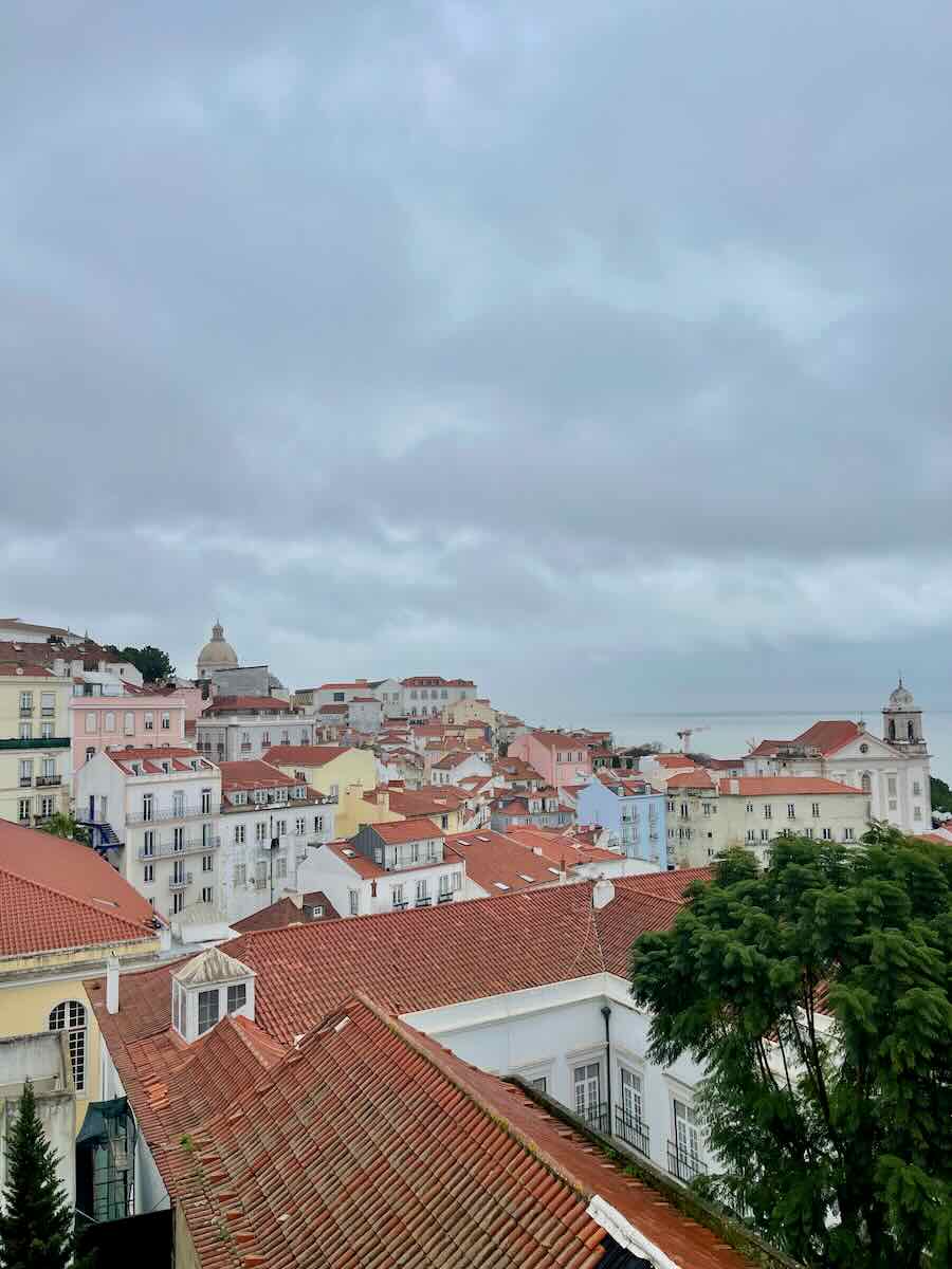 View of Lisbon's red rooftops and pastel buildings under an overcast winter sky.