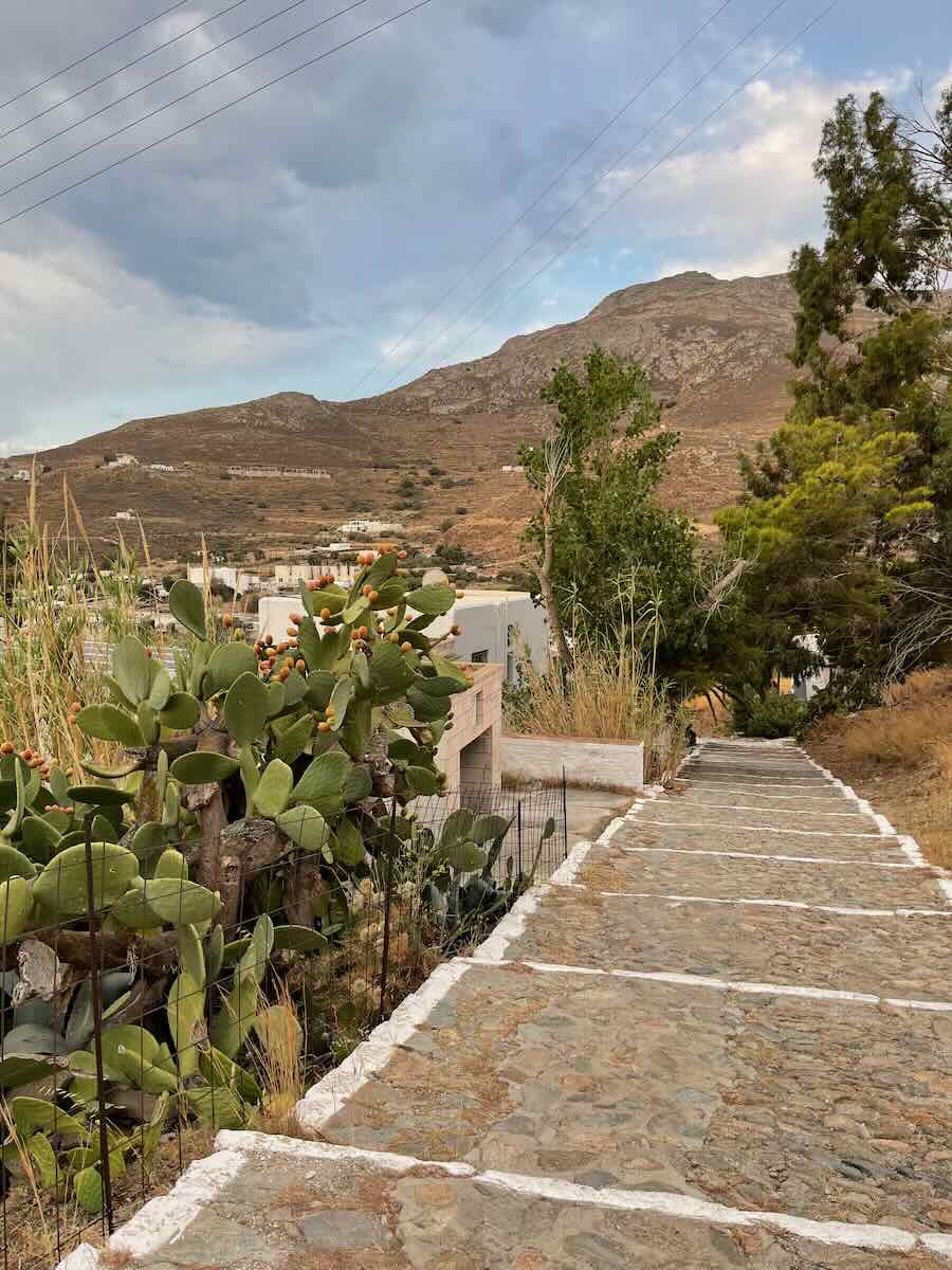 The image shows a stone-paved path leading down a hill toward a coastal village with white buildings. The view overlooks a serene bay with anchored boats and hills in the background. The sky is painted with soft sunset colors, creating a peaceful and scenic atmosphere. A stone wall lines part of the path, and palm trees and other greenery add to the Mediterranean charm of the landscape.