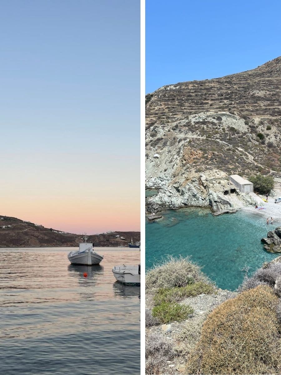 Left: Sunset view of boats moored in the calm waters of a Serifos harbor. Right: Rugged coastline and a clear blue cove on Folegandros.