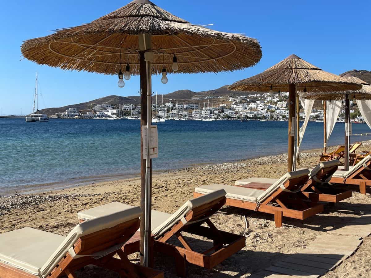 Beach umbrellas and chairs at the beach in Serifos