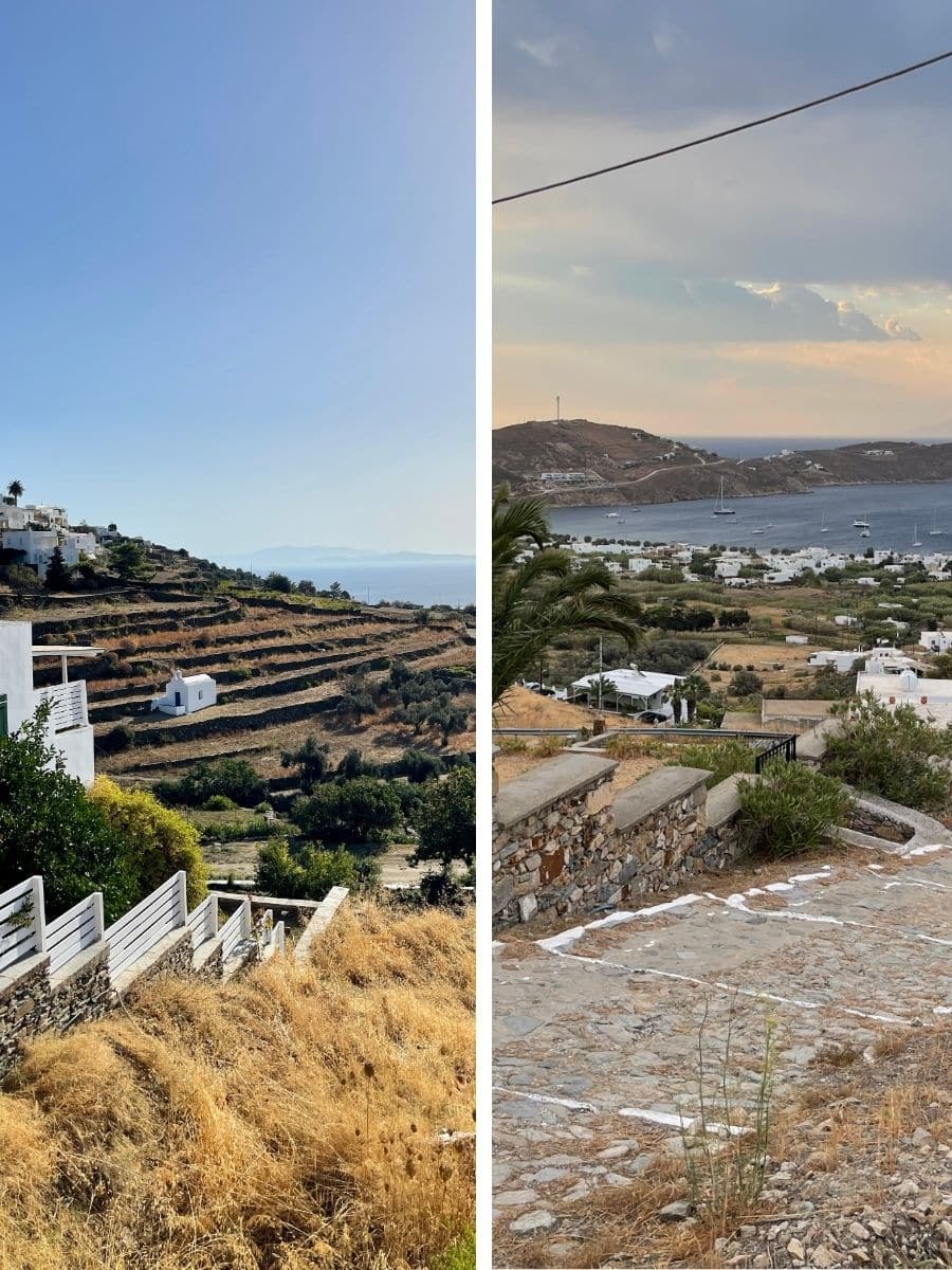 Two scenic views from Greek islands. On the left, terraced hillsides with whitewashed houses in the foreground and a clear blue sky above. On the right, a coastal view at sunset, with rolling hills, a few scattered homes, and sailboats anchored in a calm bay.