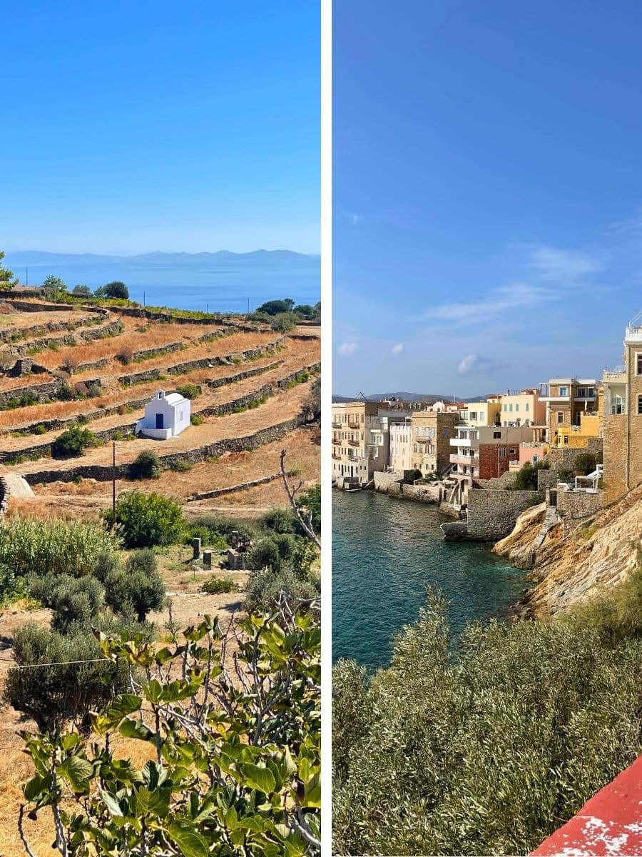 A side-by-side comparison of two Greek islands. The left image showcases Sifnos with terraced hills, a small white chapel, and lush greenery overlooking the sea. The right image features Syros with colorful neoclassical buildings perched along the rocky coastline, facing the deep blue Aegean Sea.