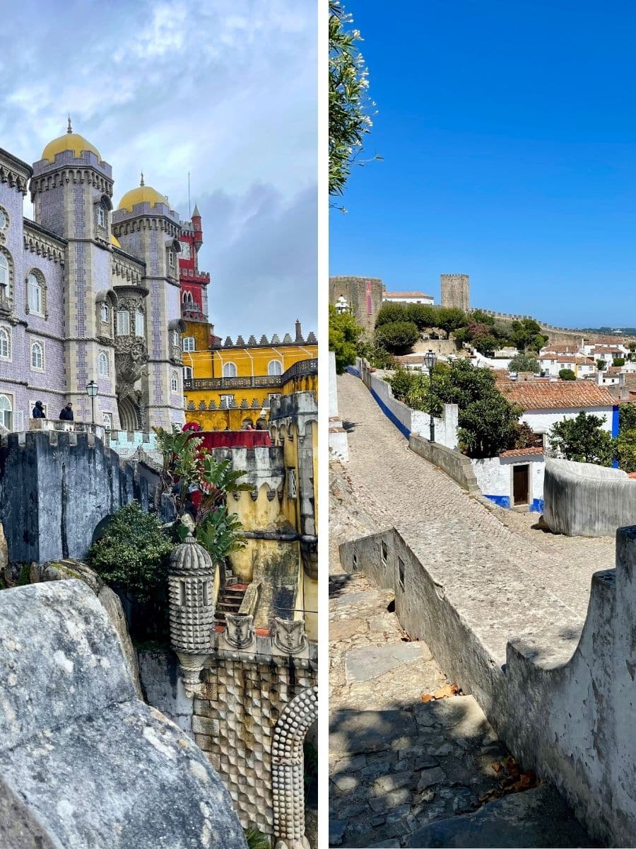 Side-by-side photos of two Portuguese towns — on the left, the colorful and ornate Pena Palace in Sintra with turrets and gothic details; on the right, the medieval stone walls and whitewashed buildings of Óbidos under a clear blue sky.