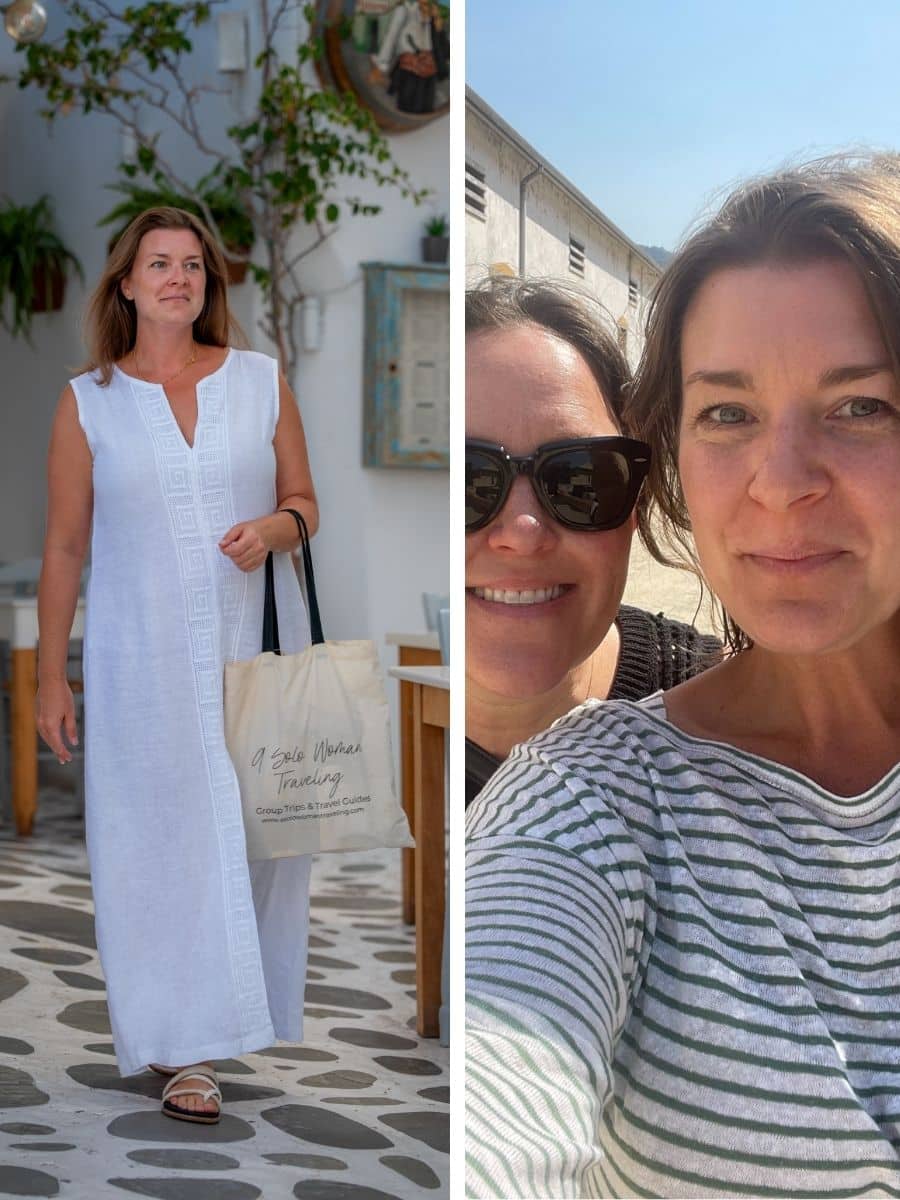 A woman enjoying a solo moment while walking with a 'A Solo Woman Traveling' tote bag, contrasted with a close-up selfie of her with a friend, representing the choice between solo travel and traveling with friends.