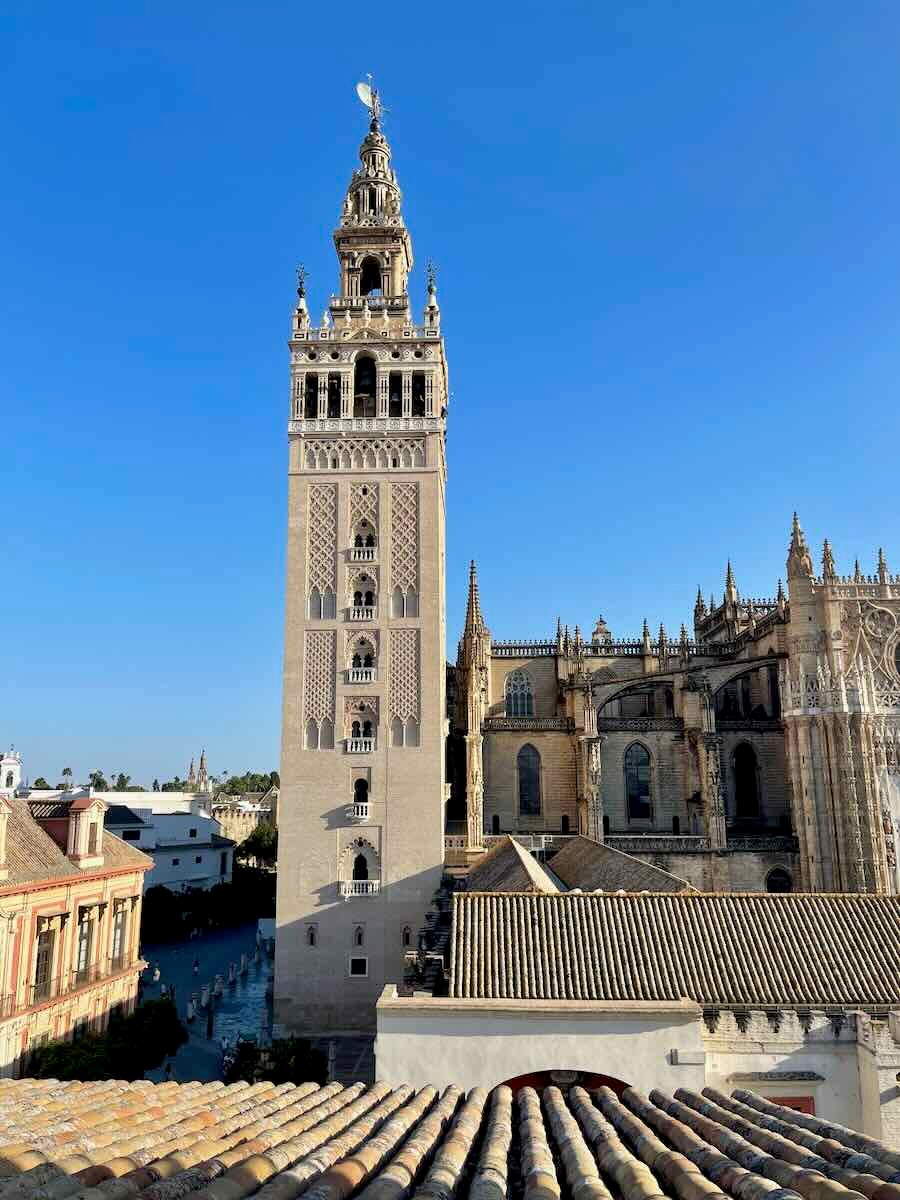 This is an image of La Giralda, the famous bell tower of the Seville Cathedral. The clear blue sky and the detailed architecture of the tower are prominently featured.
