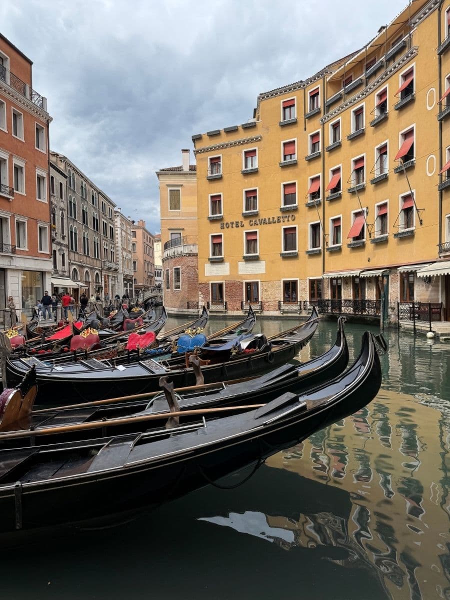 Several traditional black gondolas with colorful seating are moored along the edge of a canal in Venice, Italy. The water reflects the surrounding buildings, including a prominent yellow building with "HOTEL CAVALLETTO" signage. The sky is overcast.