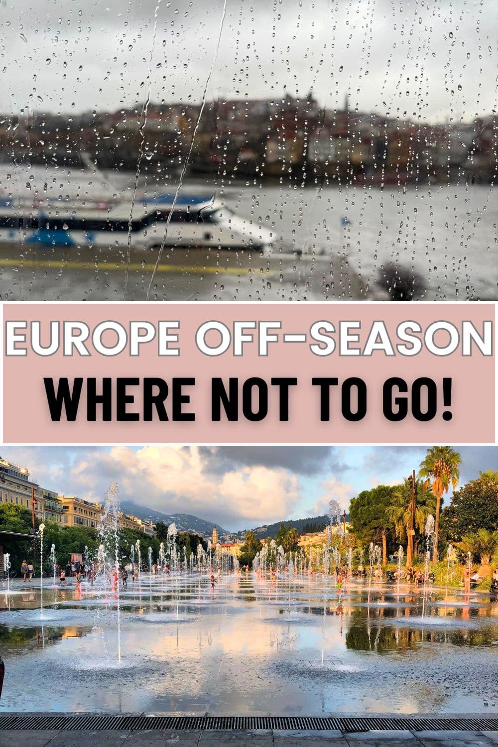 A striking modern sculpture of a giant square head resting on a smooth stone base, with decorative fences in front. The overlay text reads, "Worst European Cities in the Off-Season + Where to Go Instead.