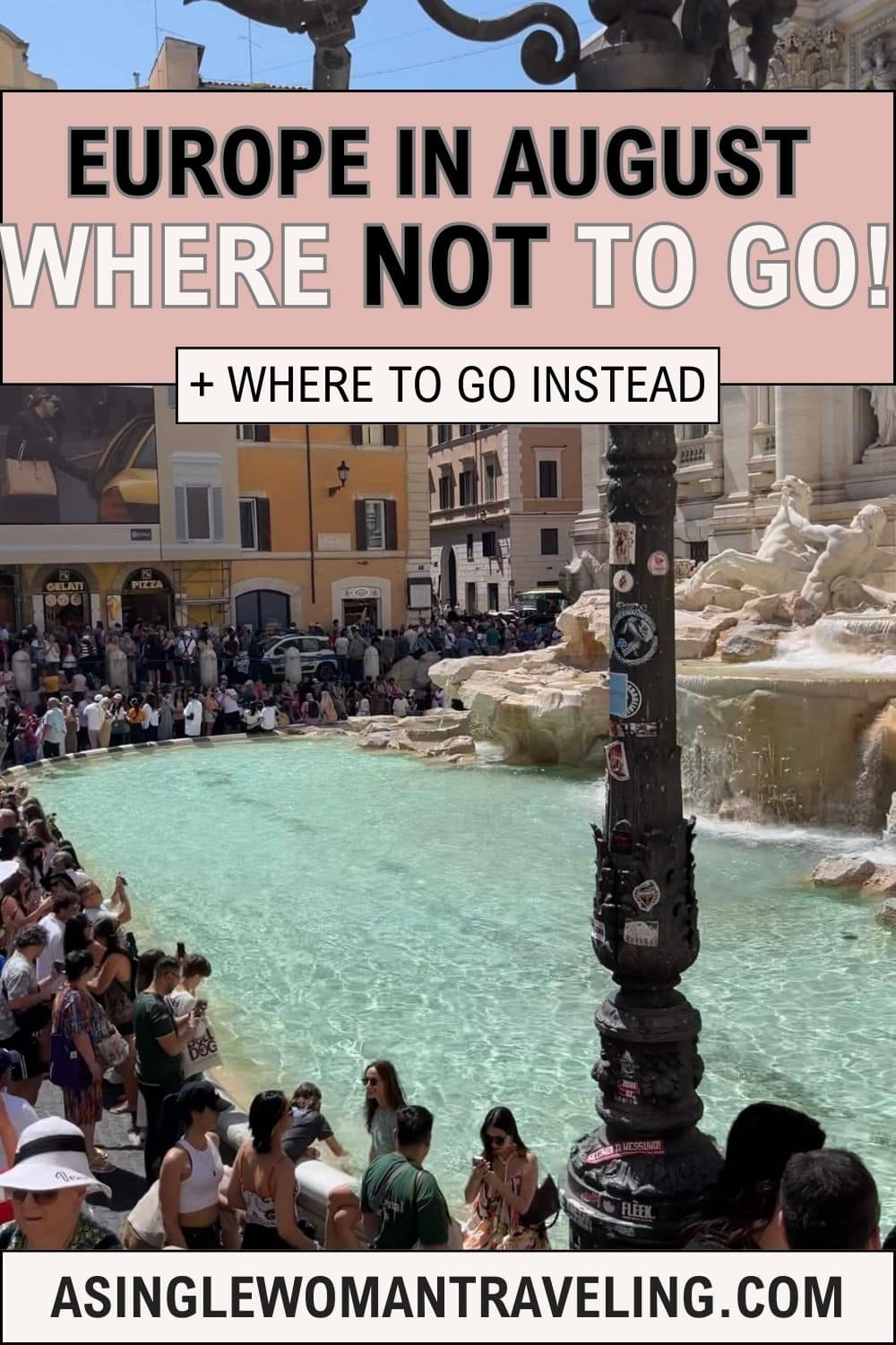 A composite image featuring two photos. The top photo shows a colorful donkey sculpture with a scenic ocean view in the background, possibly Santorini, Greece. The bottom photo displays the Colosseum in Rome, Italy, under a bright blue sky. Between the images, bold black text on a white background reads: "Worst European Cities to Visit in August.