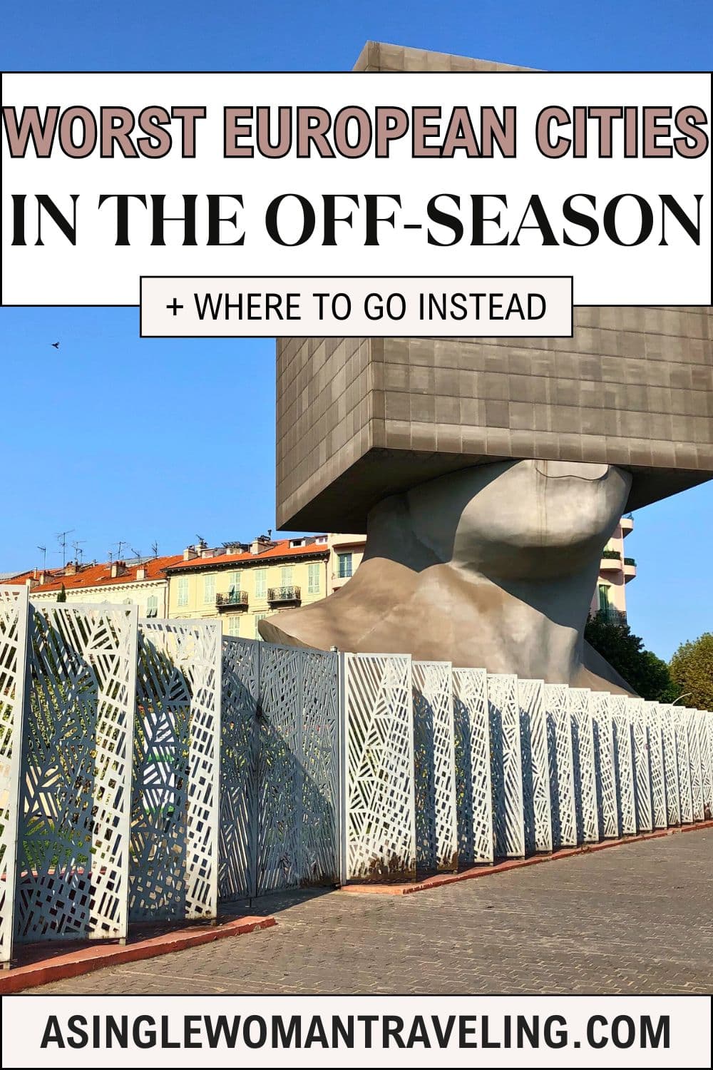 A rainy window view of a river with a boat passing by, followed by a bright sunny image of a fountain park with people playing. The text overlay reads, "Europe Off-Season: Where Not to Go!